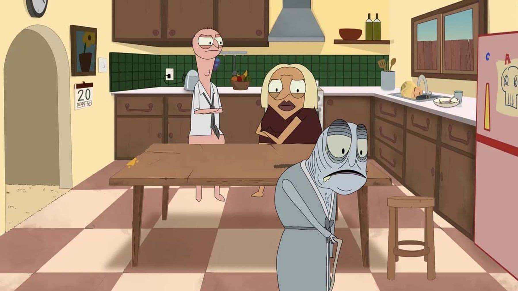 An animated scene in a kitchen featuring three characters around a wooden table. Two characters stand behind the table, one scowling at the other. In the foreground is a grey character with a walking stick.