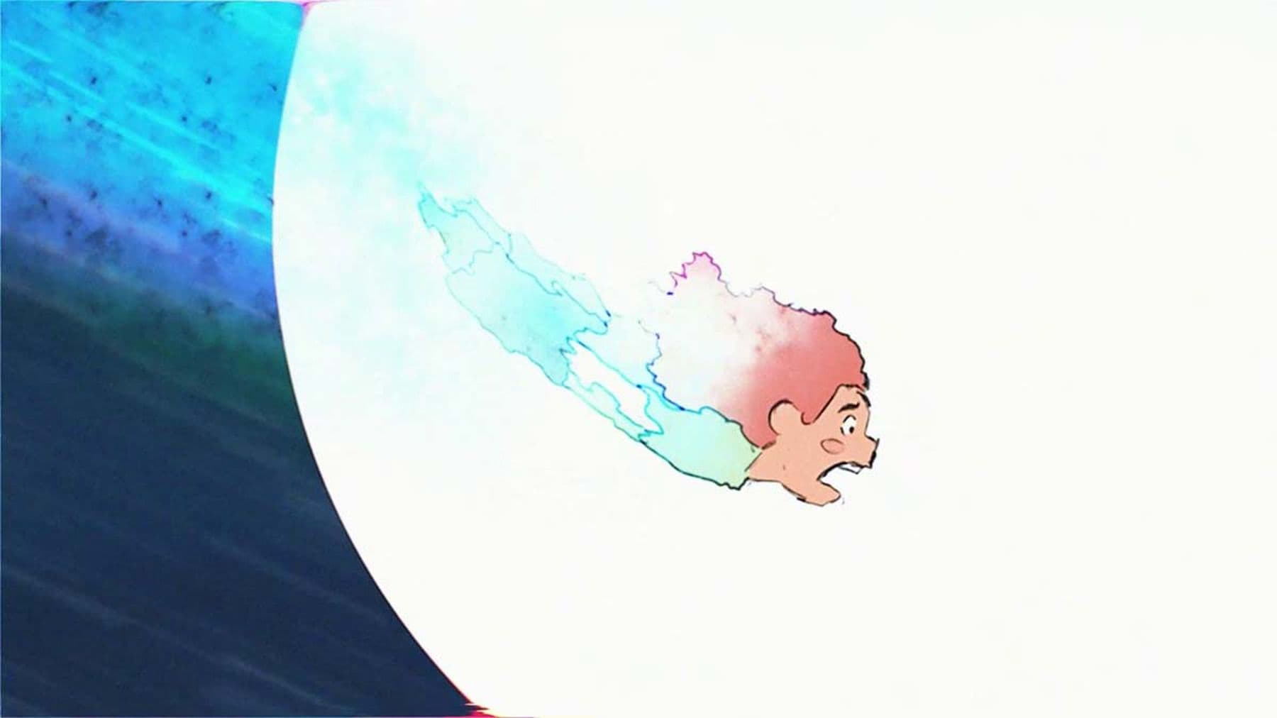 An illustration of a person with red curly hair falling in front of a large moon, set against a blue background. Their face is in clear view while falling but their body is blurred mid-fall.