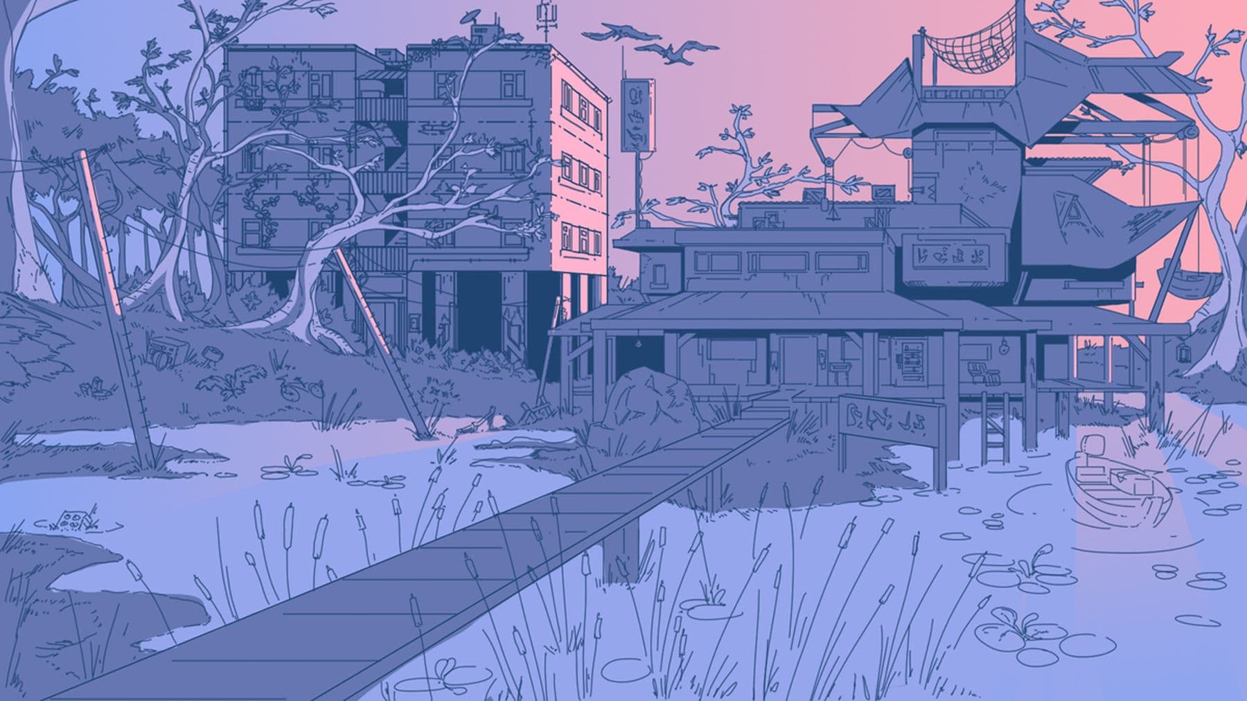 An illustration of two buildings side by side. One is a small block of flats and the other is a Japanese-style house with a wooden bridge leading from the front door to the foreground of the image, over a body of water. The scene is coloured pastel purple and pink.