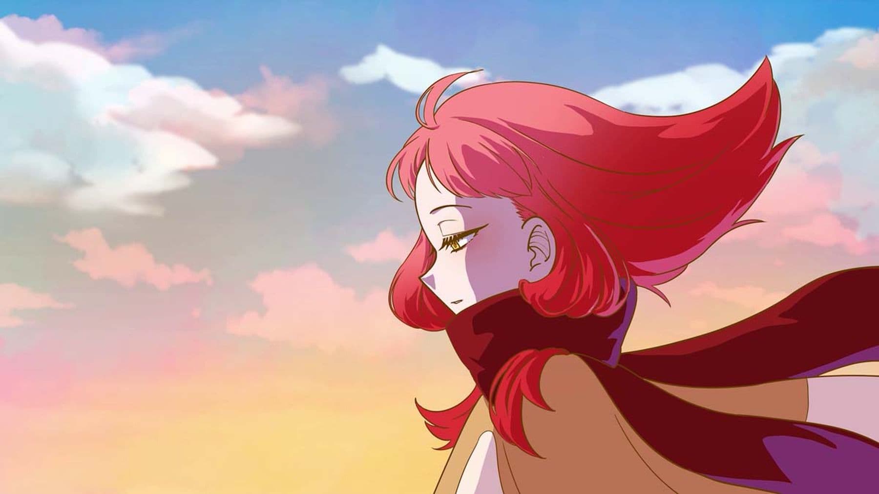 A scene featuring an anime-style character facing the side with red hair and a purple scarf blowing in the wind set against a colourful sunset sky with soft clouds.