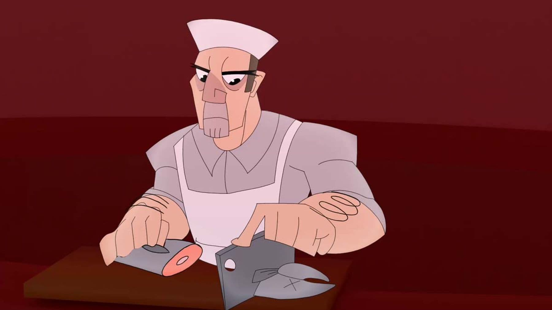 An animated still of a chef in a white hat and apron, chopping a fish in half with a cleaver.