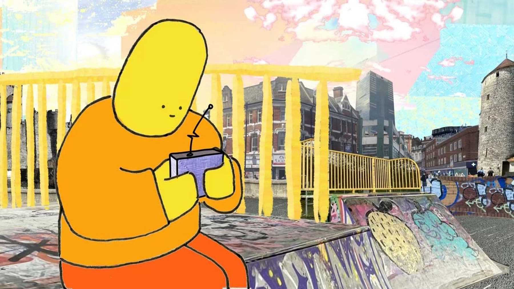An illustrated figure with a large yellow head, wearing an orange jumper, red trousers, and holding a remote control, sits in front of yellow railings on a skate ramp. In the distance are cut out photos of shops and buildings, with blue and pink shapes in the background.