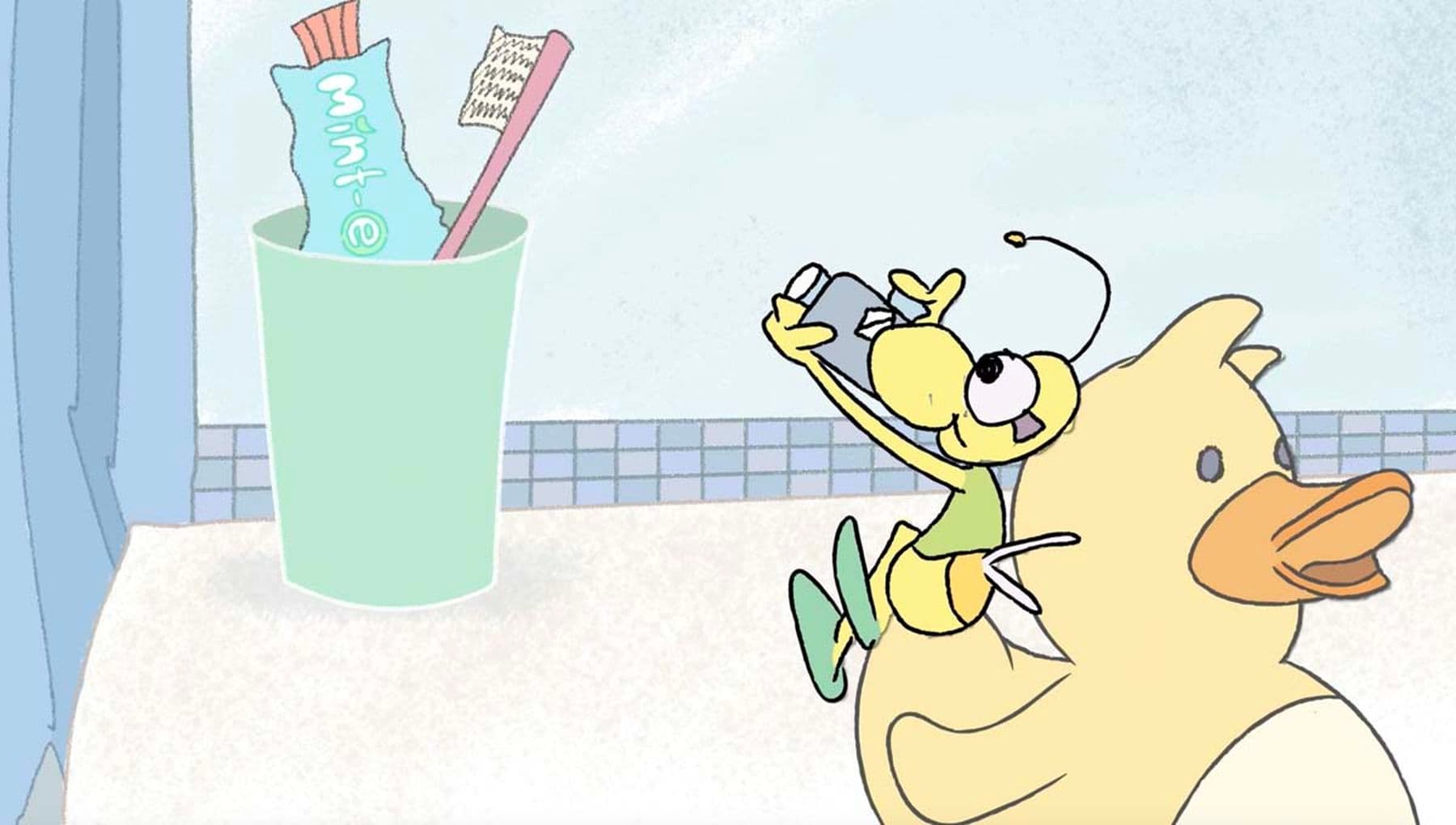 An illustration of a green fly in a bathroom, sitting on a plastic duck and holding a tube of toothpaste. It’s squeezing the tube in the position of a cup holding a toothbrush inside.