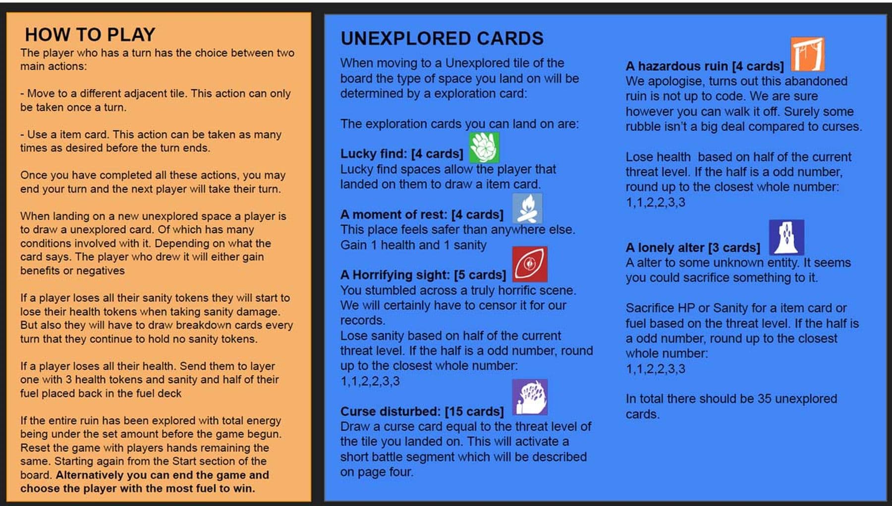 A digital game instructions manual with two sections. The first section, titled How to Play, has an orange background and lists the steps to play the game. The second section, titled Unexplored Cards, features a dark blue background and provides detailed explanations of each card.