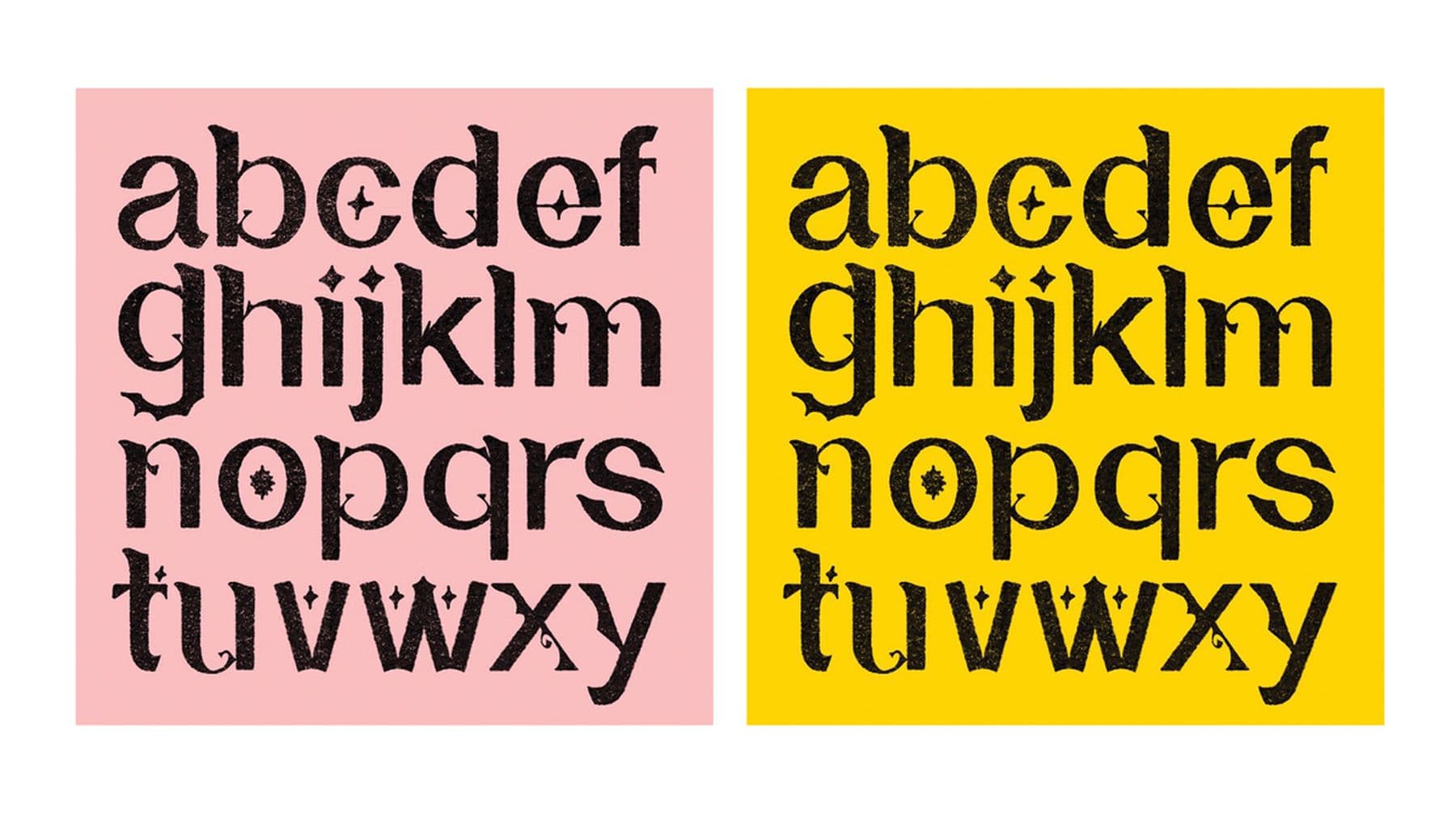 Two mockups featuring the alphabet in black, lowercase letters displayed on two backgrounds: pink on the left and yellow on the right, showcasing a textured font.