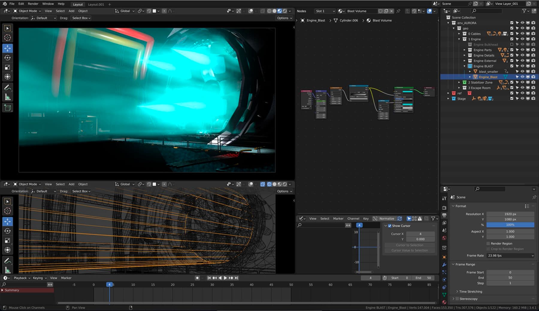 A screenshot of a computer design programme showing the creation of a digital tunnel image. At the bottom of the screenshot is a layout design of the tunnel with vertical lines. At the top is the final digital image of the tunnel showing an intense blue light shining through it.