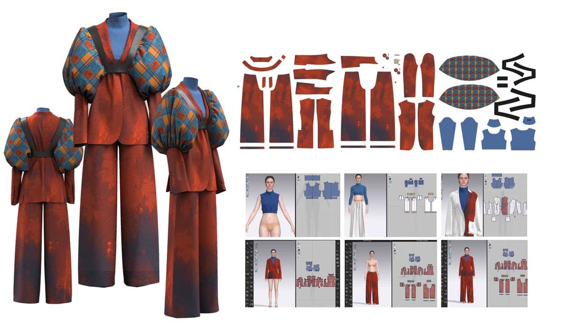 A digital mock-up of a dark red tie-dye suit with blue patterned, long puffy sleeves, displayed in three standing positions. Next to the suit are the pattern pieces and below is a model showcasing the gown in various stages of development.