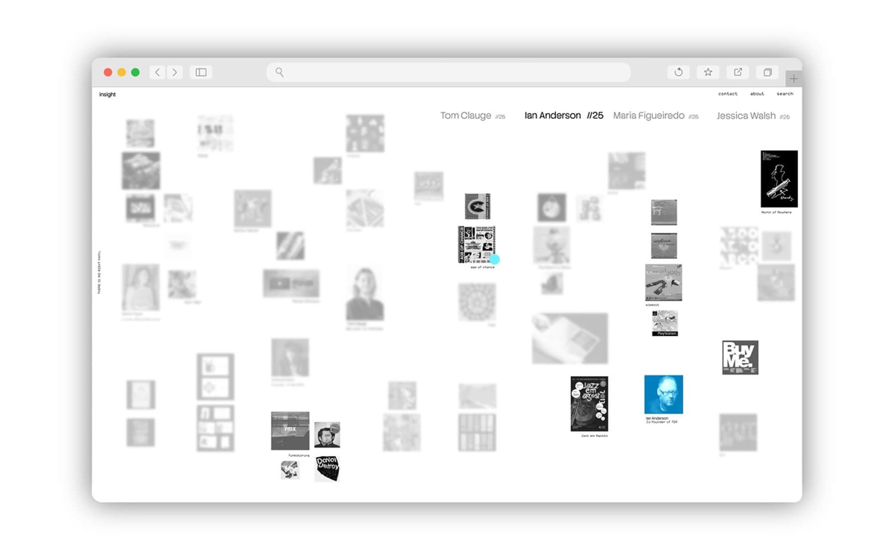 A screenshot of a web page displaying a grid of blurred images with selected images in focus featuring various designs and text.