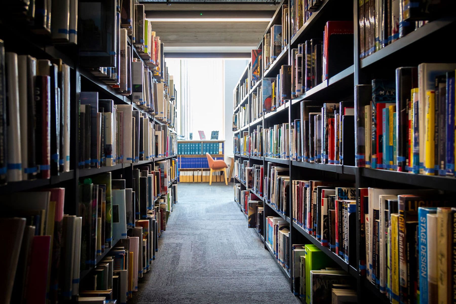 Photograph of books on shelves in our Blenheim Walk Library.