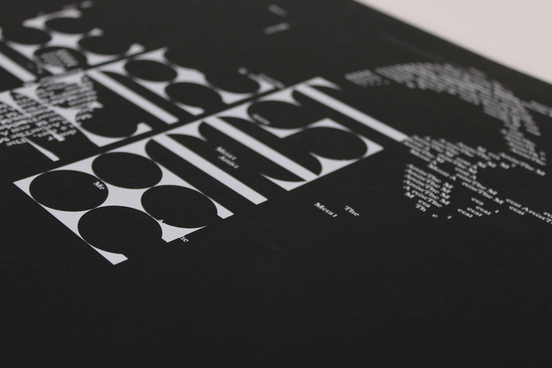 A stylised design on a black background featuring abstract geometric shapes and text in white.