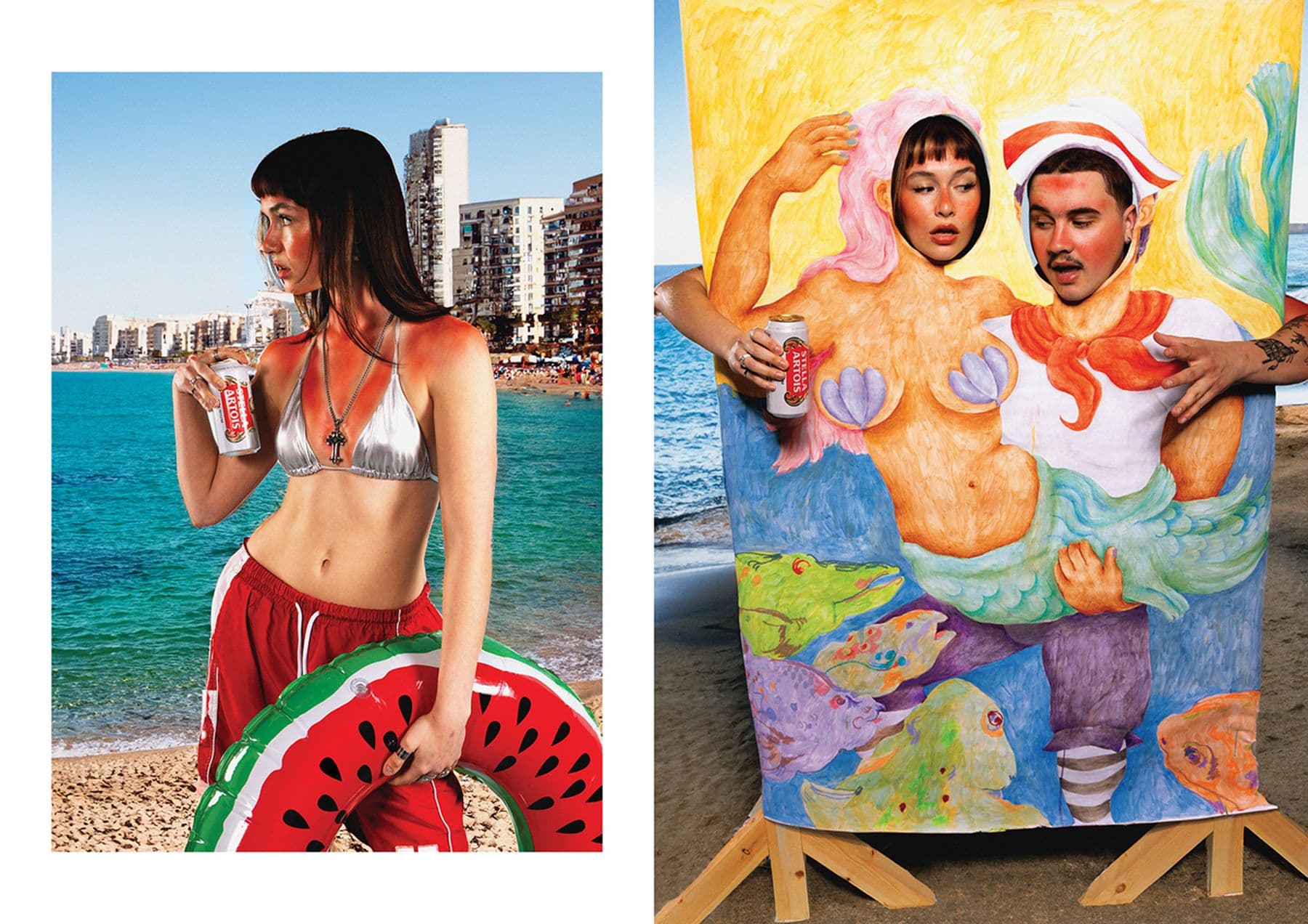 Two side by side images featuring a woman at the beach with a watermelon float and a couple posing behind a mermaid-themed cutout holding cans.