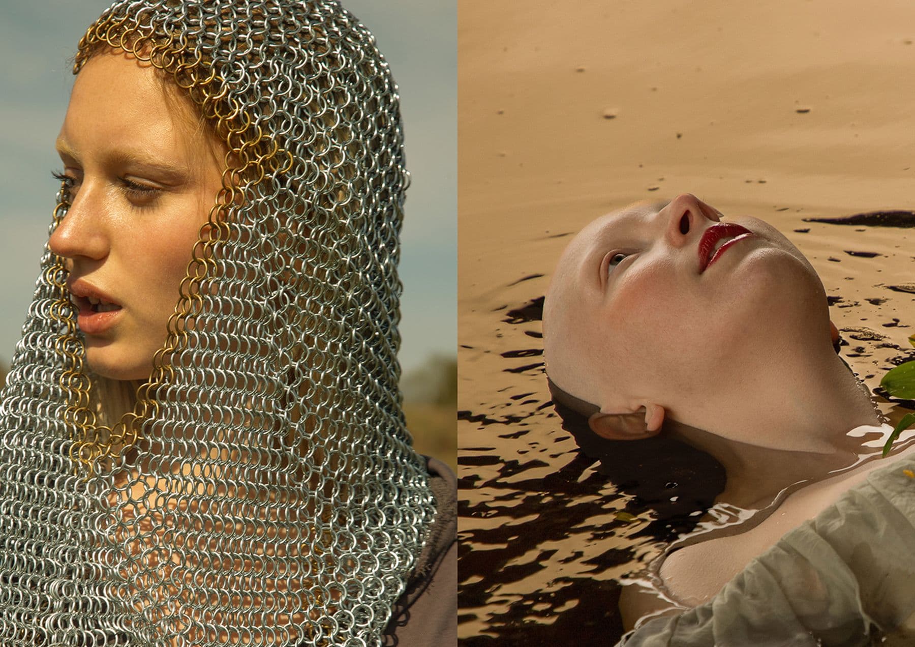 Two side by side photographs  a person in chainmail with a serious expression and a person floating in water with their head tilted back.