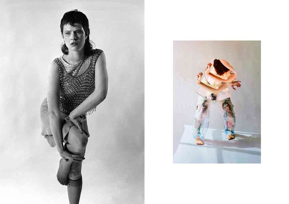 Two side by side photos featuring a person in a sleeveless mesh top, holding their ankle and a person in colourful trousers bending forward in a dynamic pose.
