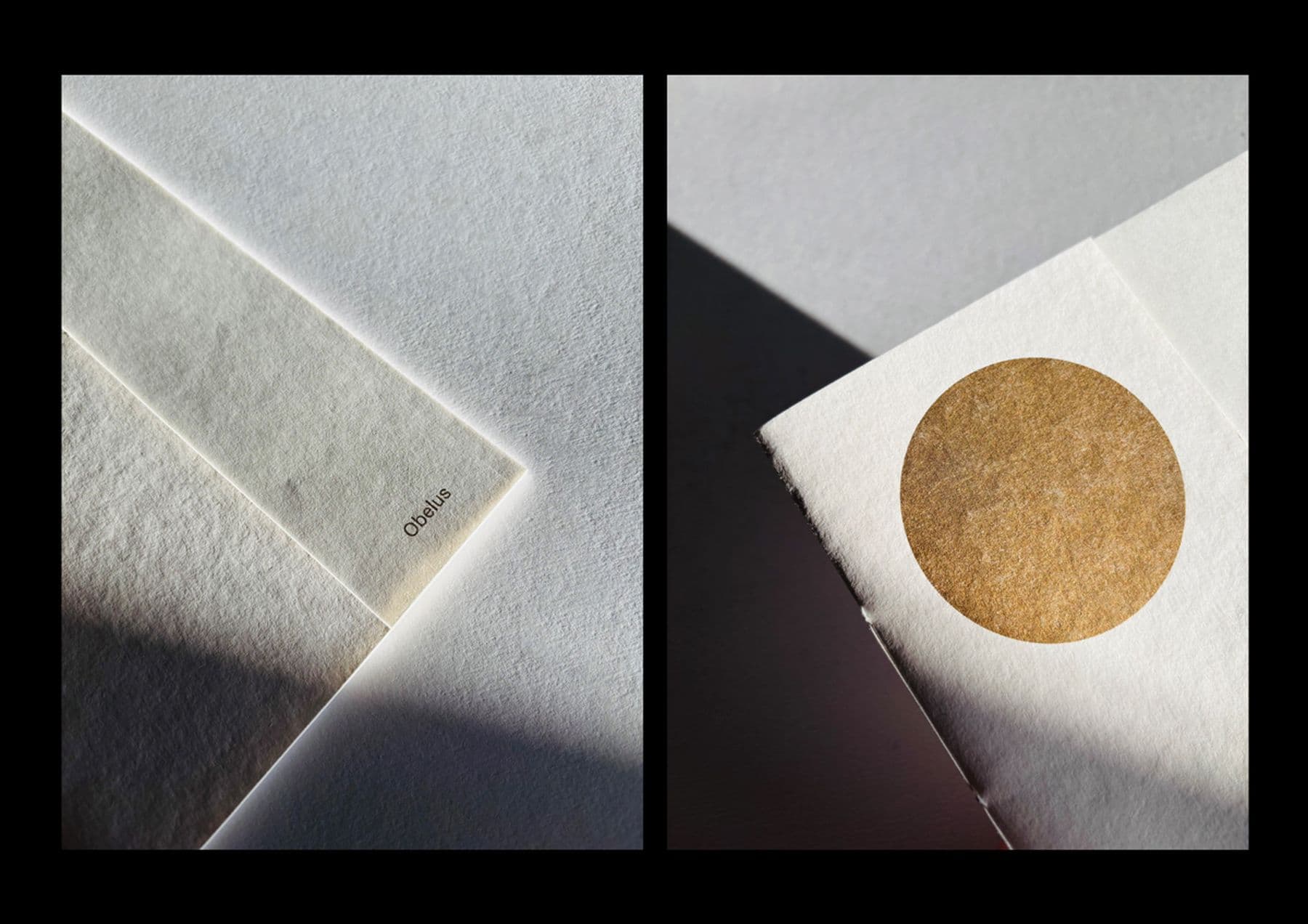 Two close-up photos featuring textured pages as part of a booklet. One of them has a word that reads: 'Obelus' and a brown circular stamp, with contrasting shadows and light.