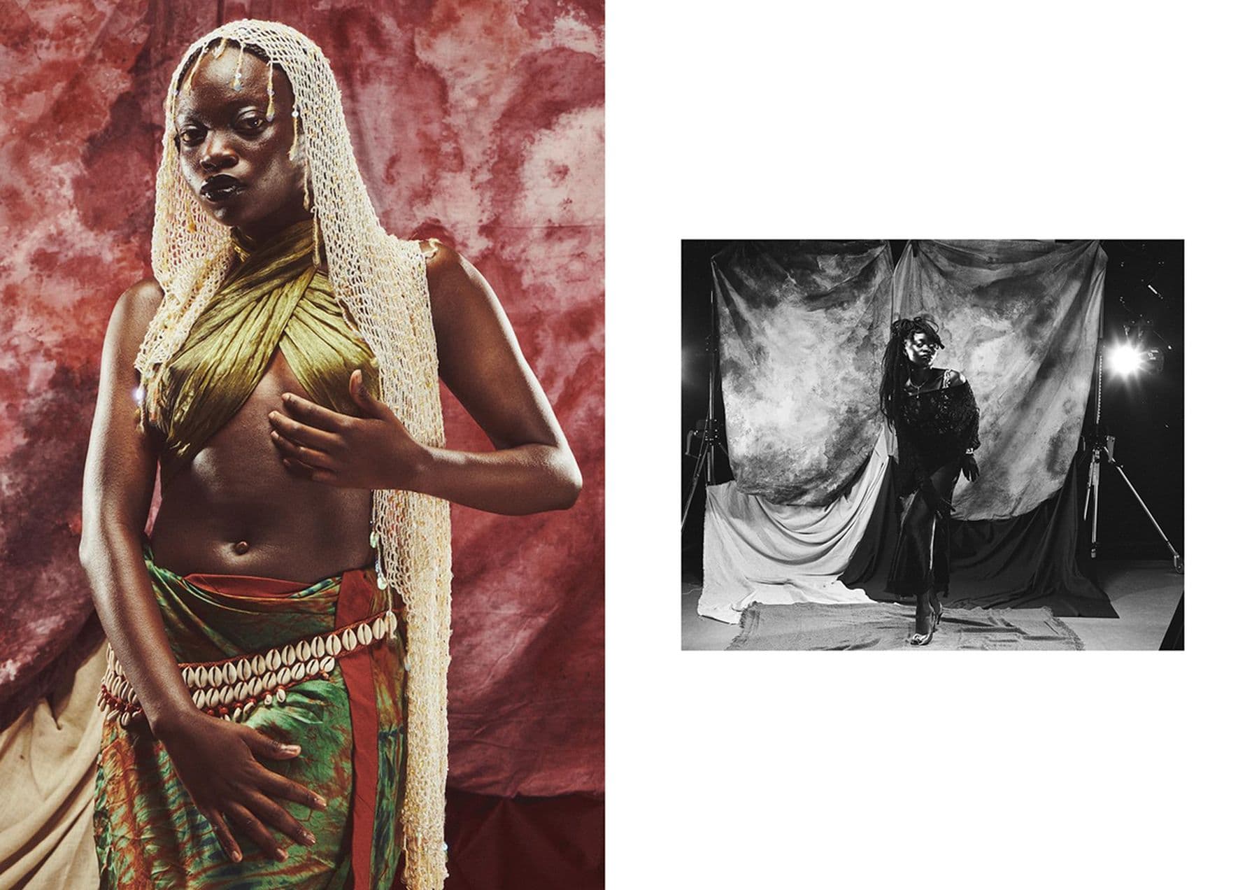 Two side-by-side photographs, the first shows a person in a crocheted headdress with a green halter-neck top and patterned blue skirt, and a black-and-white photograph of a person in a dark headdress and long-sleeved dress.