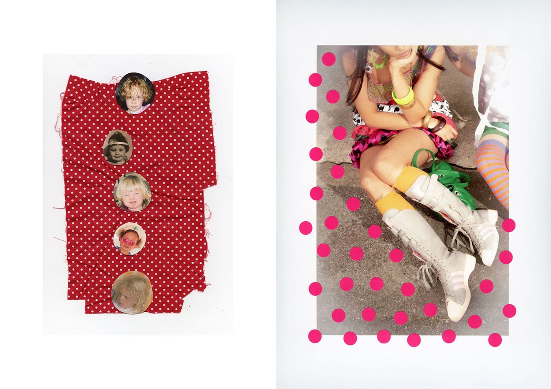 A collage with childhood photos on red polka-dot fabric on one side and a person wearing a colourful outfit and knee-high boots, surrounded by pink dots on the other side..