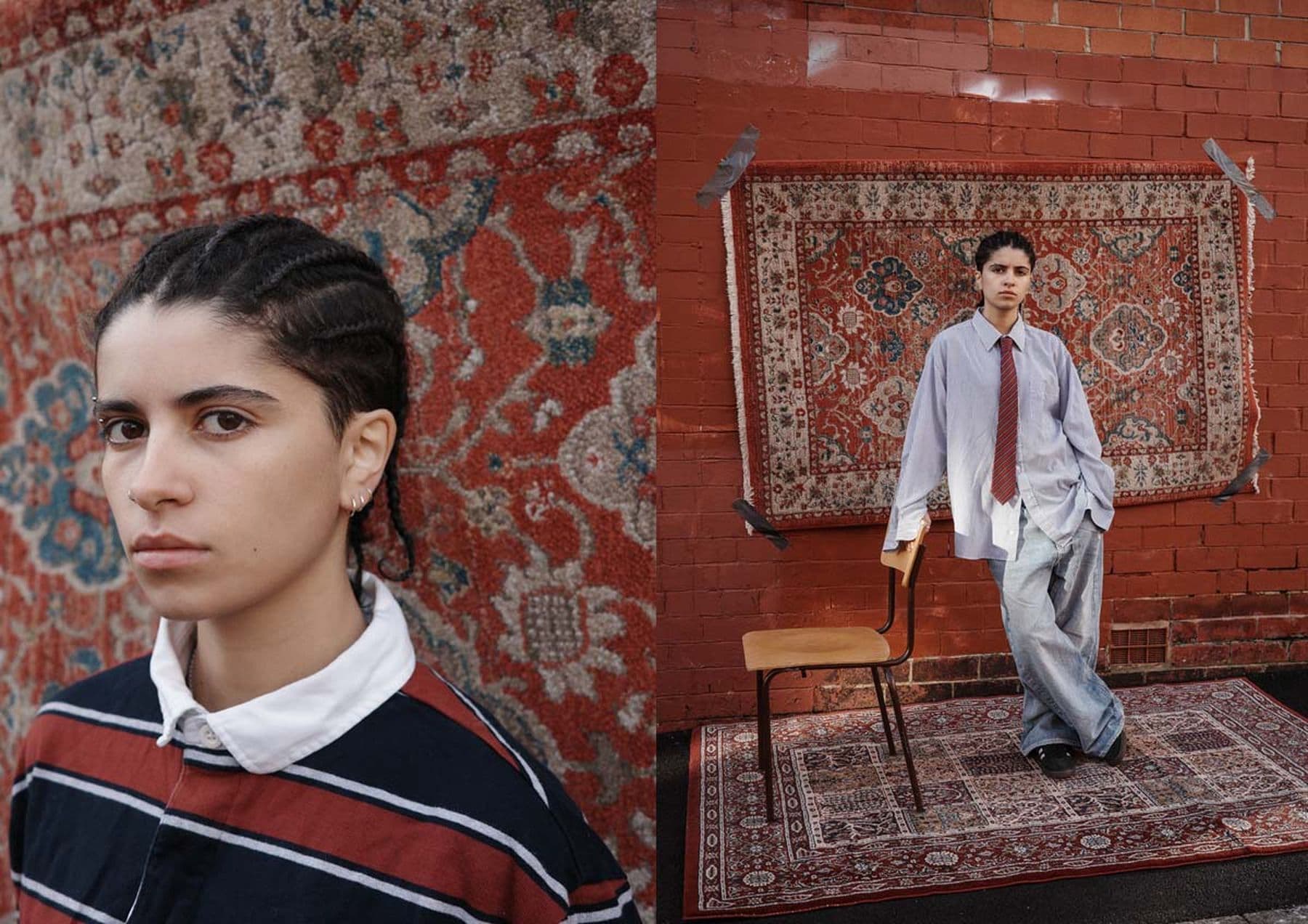 Two photos side by side. The first is a close-up of a model with dark hair and cornrows, wearing a striped rugby-style shirt, with a Persian rug behind them. The second shows a wider shot of the same model leaning on a chair, wearing an oversized shirt and jeans, standing on a Persian rug, with another rug behind them taped to the wall at each corner.