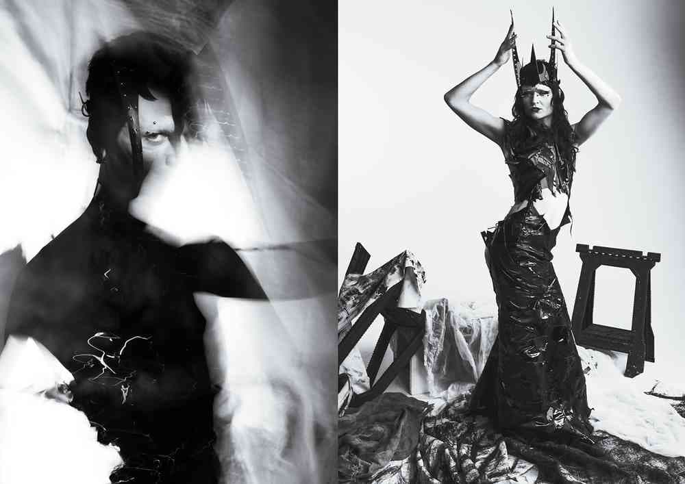 Two side by side black-and-white portraits.  The left shows an abstract silhouette and the right shows a person in an avant-garde outfit and crown.