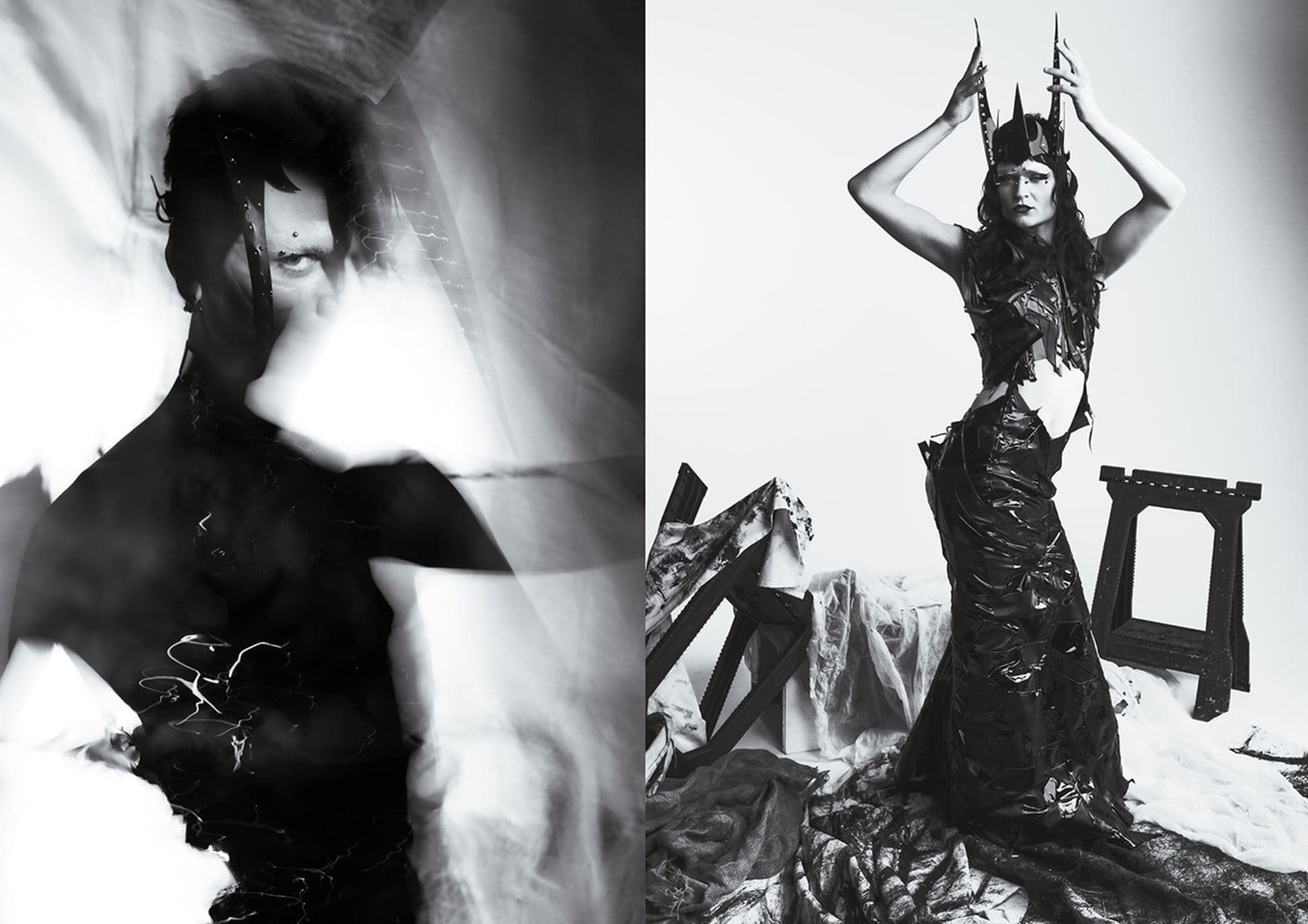 Two side by side black-and-white portraits.  The left shows an abstract silhouette and the right shows a person in an avant-garde outfit and crown.