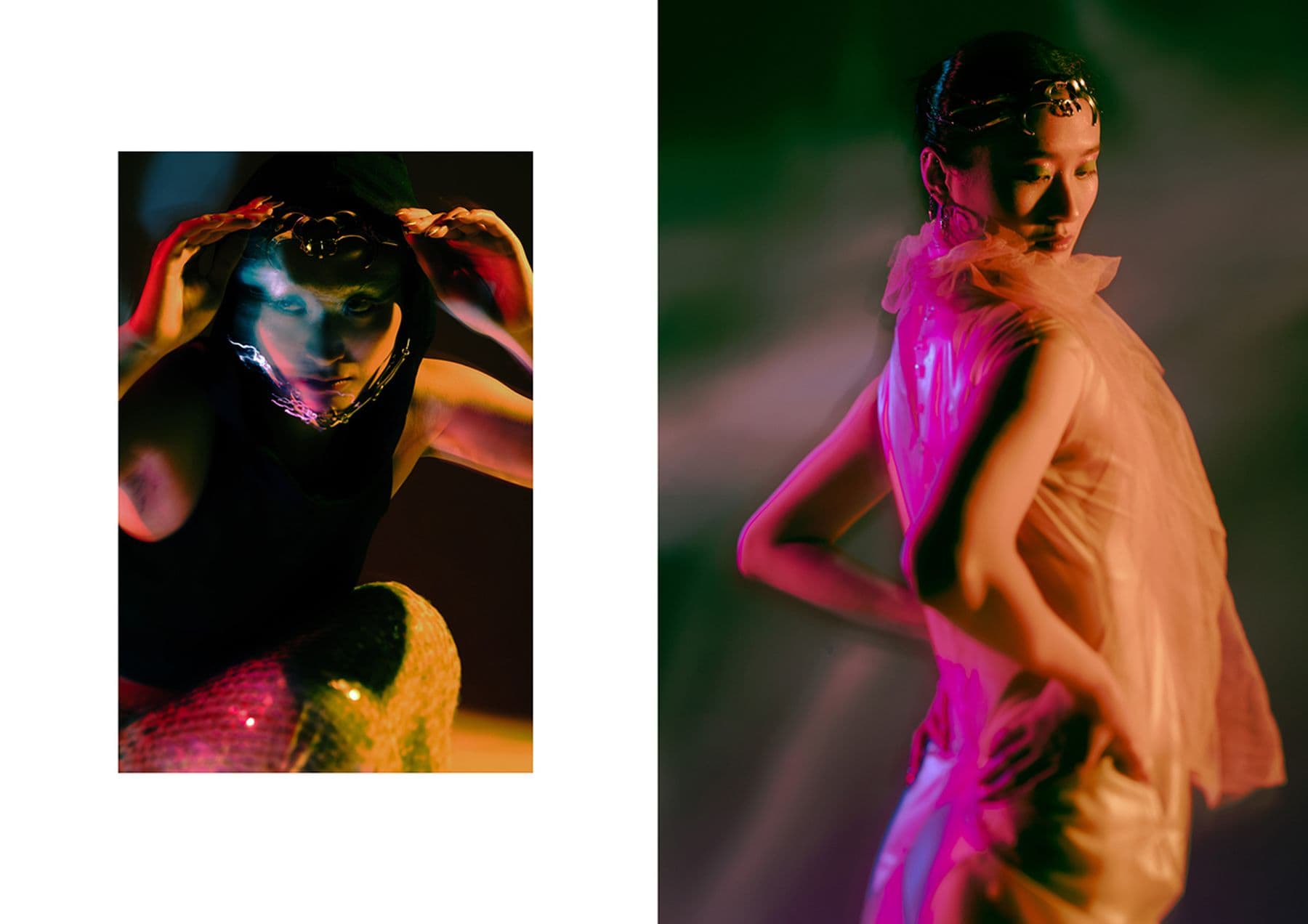 Two side-by-side photos of a model, one where they are wearing a headpiece and the other a headband and a beige ruffled leather dress.