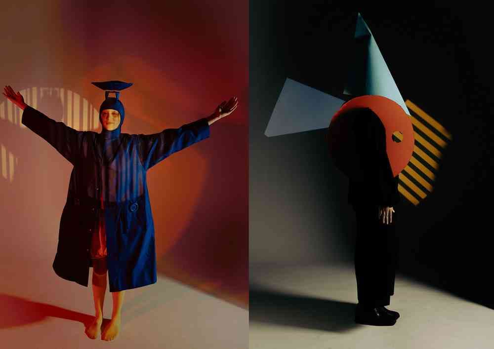 A photograph featuring two side by side photographs of people in artistic costumes: one in a blue outfit with a hat and the other in a geometric costume with a red circle and blue cone.