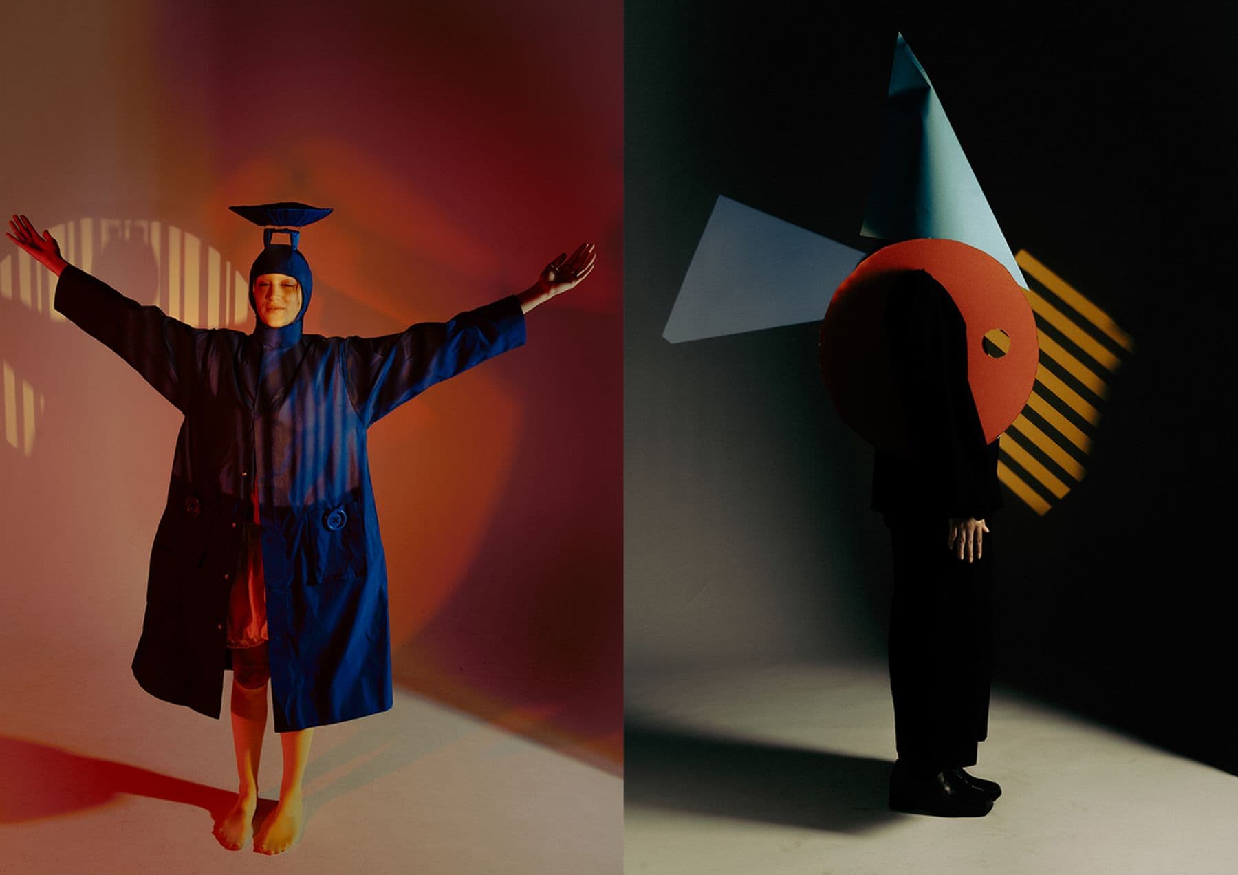 A photograph featuring two side by side photographs of people in artistic costumes: one in a blue outfit with a hat and the other in a geometric costume with a red circle and blue cone.