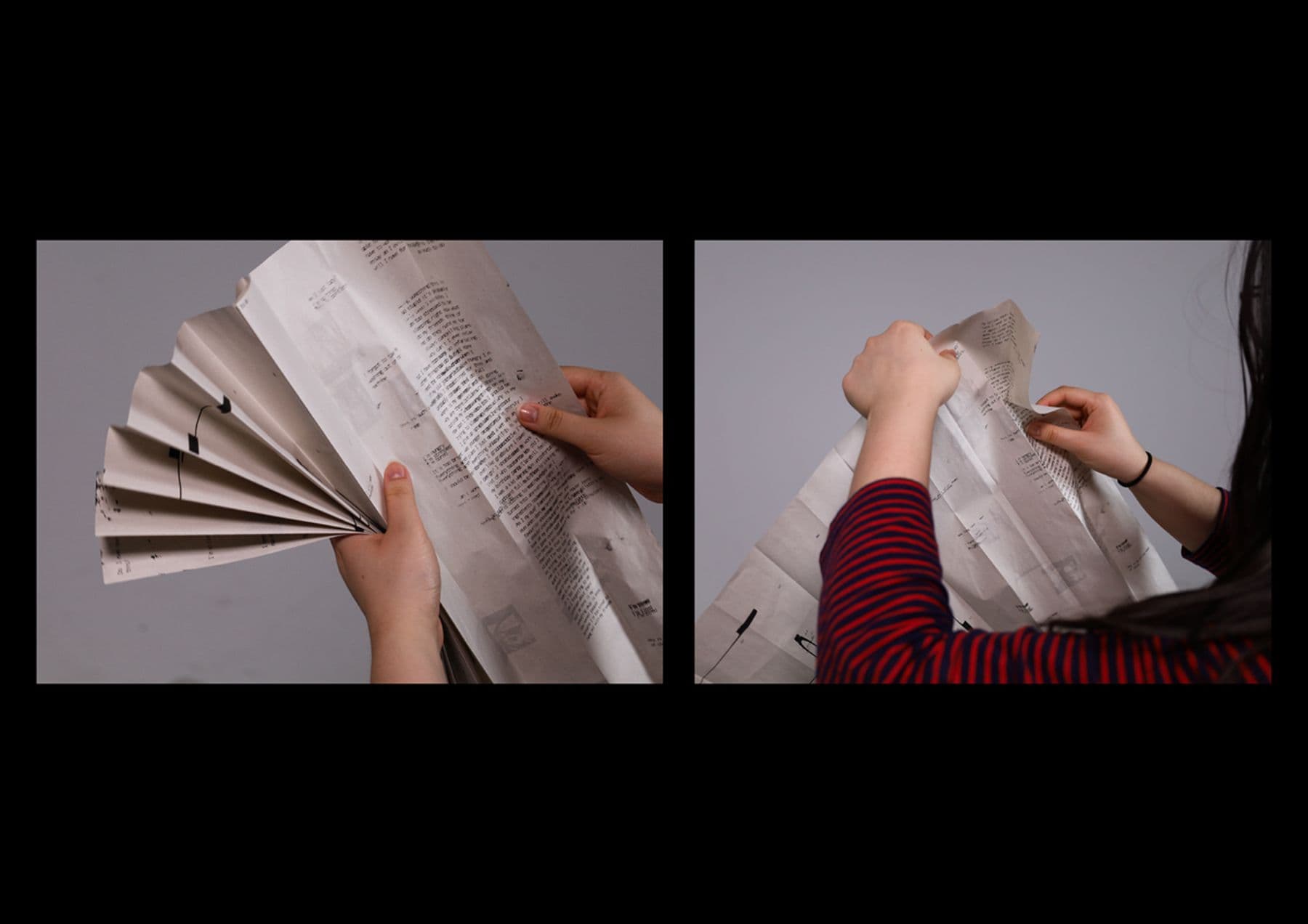 Two side by side photographs of hands folding a newspaper accordion-style. The person folding wears a red and black striped top.