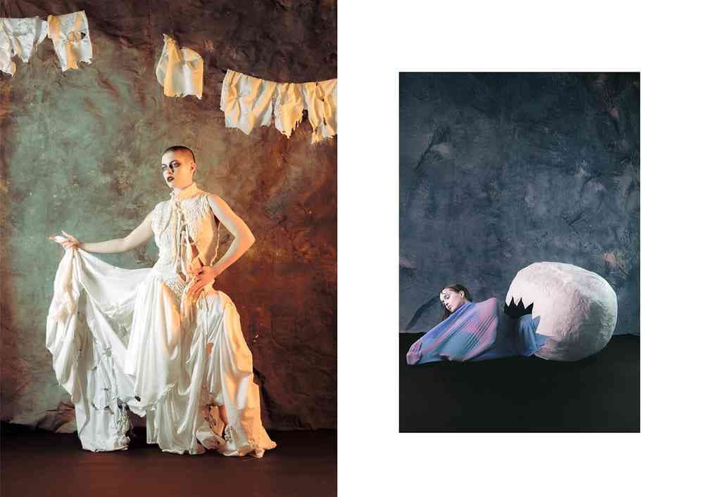 Two side by side photographs of a  person in an ornate white dress and a person wrapped in purple fabric lying beside a large cracked egg shape.