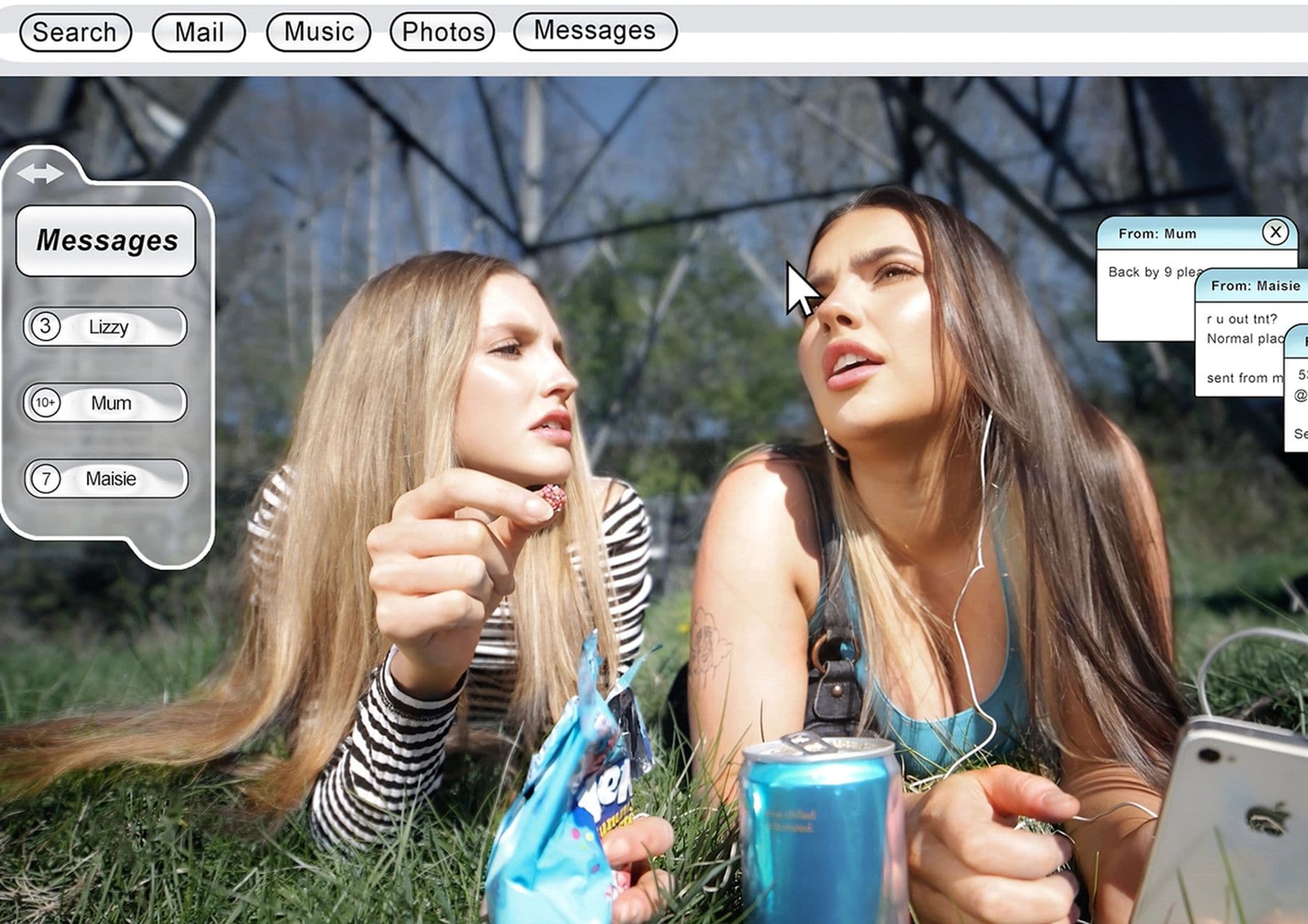 A screenshot of a messenger app featuring two people lying on grass with snacks and a blue soda can.