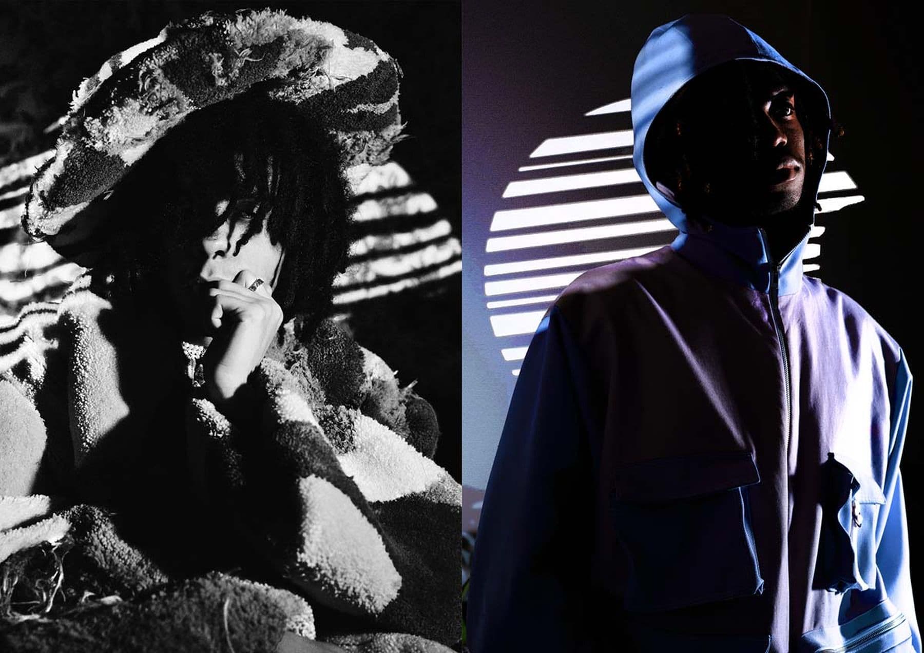 Two photos side by side. The first photo is black and white and shows a model wearing a large furry coat and hat. The second featured a model in a blue and purple jacket with their hood up. Both images are dark is contrast and saturation.