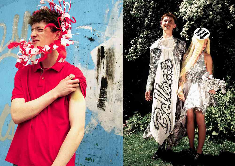 Two side by side photographs with the first one featuring a person wearing a red shirt with red and white ribbons around their head. The next photo features two  people in white and black avant-garde outfits.