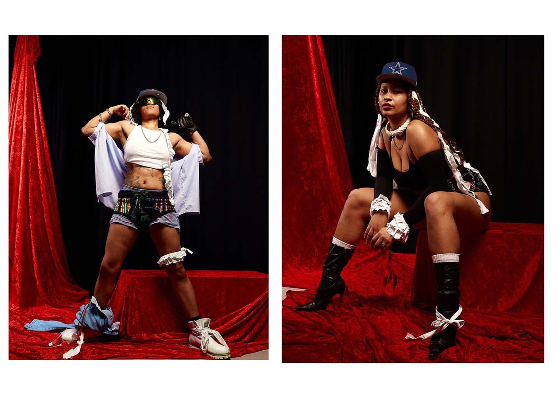 Two photos side by side on a white background. The first shows a model in sunglasses, a white crop top, shorts and a cap, posing against a red velvet curtain backdrop. The second features a model sitting in the same setting, wearing a cap, braids, a long-sleeved top, shorts and stiletto boots.