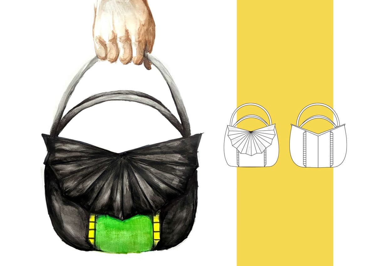 Hand holding a black handbag with a bow design and green accents. Two bag sketches are on a yellow background to the right.