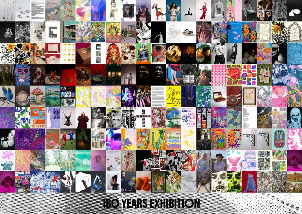 Collage of diverse artworks forming a colourful mosaic, showcasing the "180 Years Exhibition".