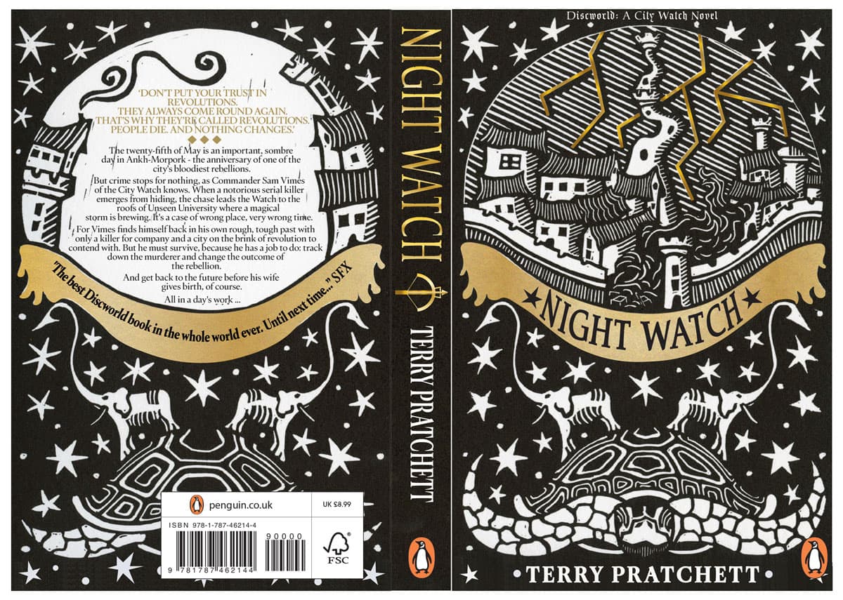 Illustrated book cover of "Night Watch" by Terry Pratchett, featuring a cityscape and a large hourglass on a starry background.