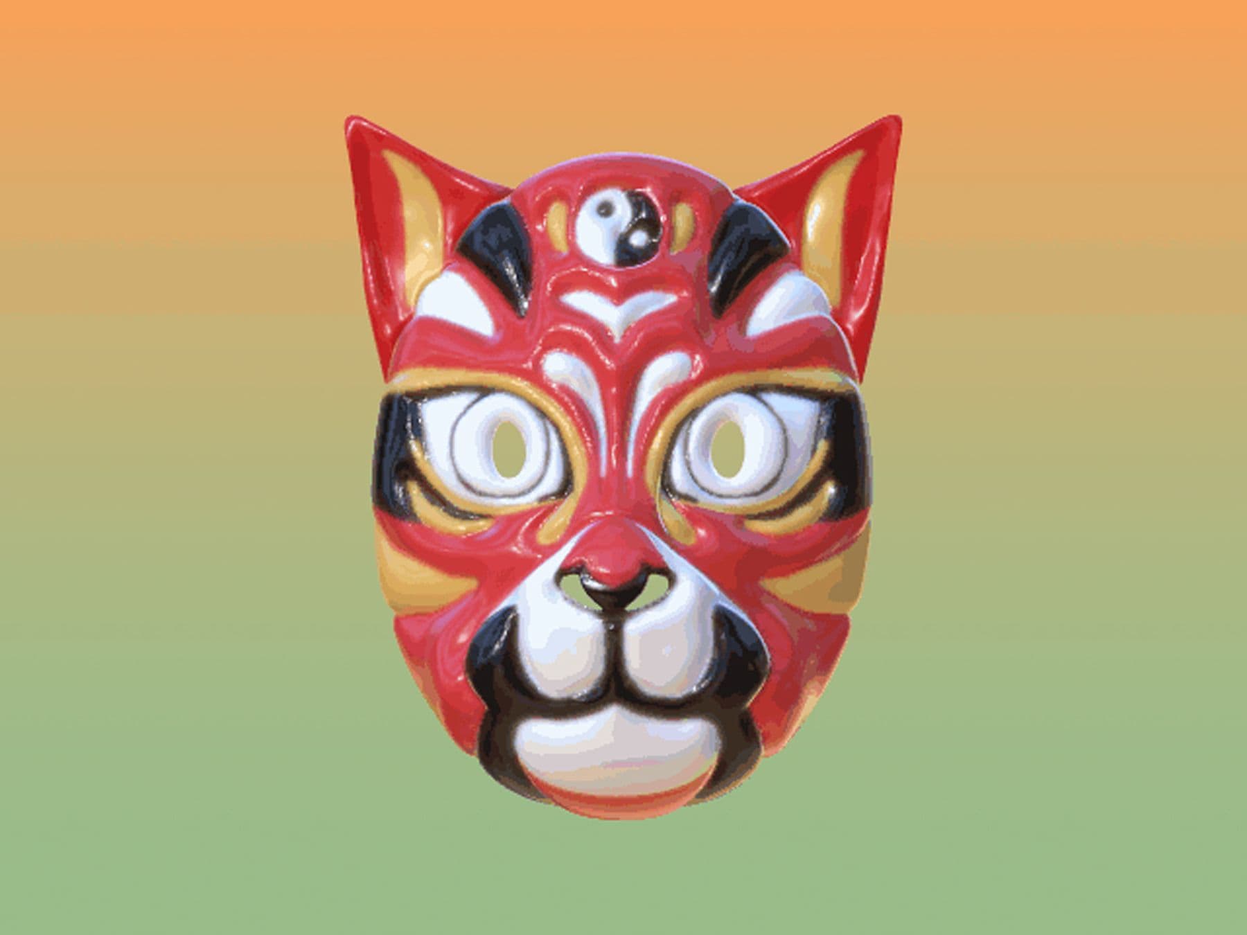 Colorful cat mask with bold red, yellow, and black patterns, large eyes, and a yin-yang symbol on the forehead, set against a gradient background.