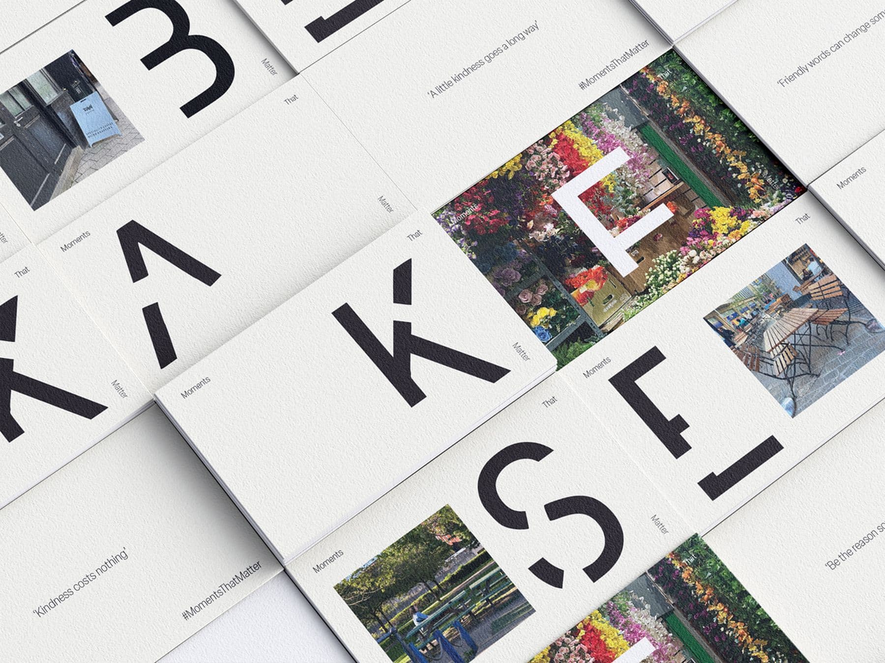 A collage of overlapping cards with bold black typography and images of flowers, chairs and inspirational quotes like 'Kindness costs nothing.'