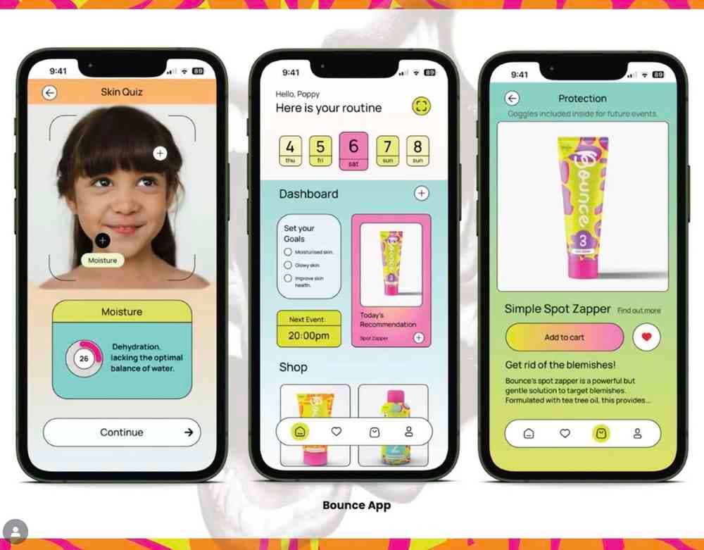 A digital layout featuring three smartphone screens displaying the Bounce App interface, featuring skincare routine, product recommendations, and a dashboard with a child's photo.