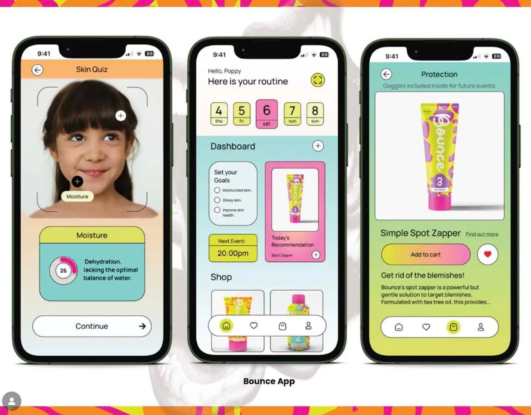A digital layout featuring three smartphone screens displaying the Bounce App interface, featuring skincare routine, product recommendations, and a dashboard with a child's photo.