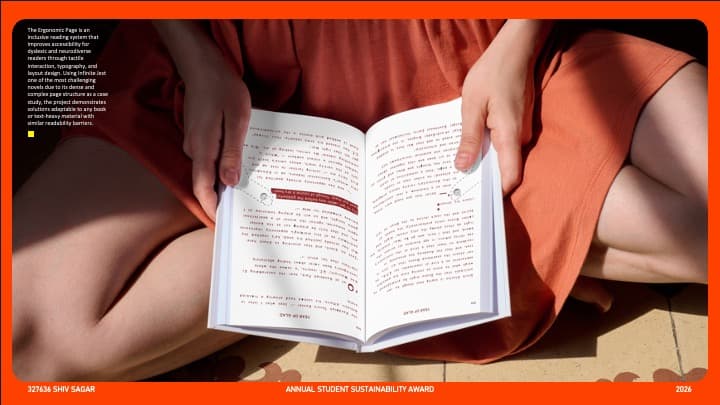 Person in an orange dress sits cross-legged, holding an open book with red-highlighted text, on a patterned floor.