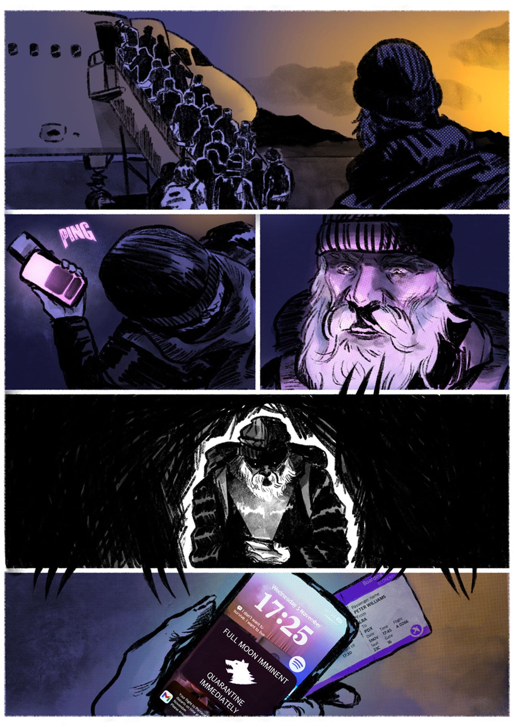 A comic featuring a plane at sunset; a man in a beanie checks his phone showing a 5:25pm full moon flight and quarantine message.