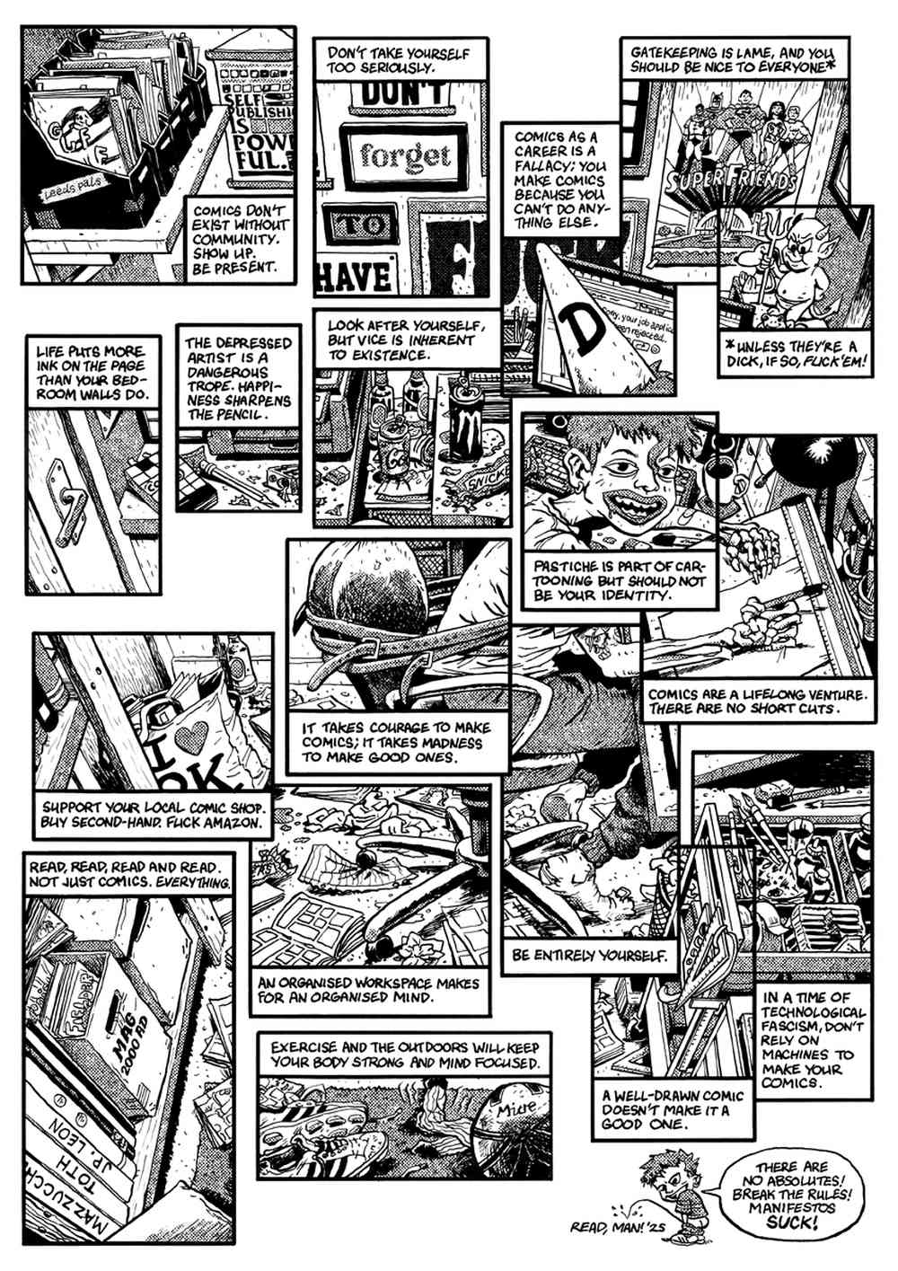 A black and white comic with panels discussing the value of comic books, self-expression, and creativity featuring various characters and signs.