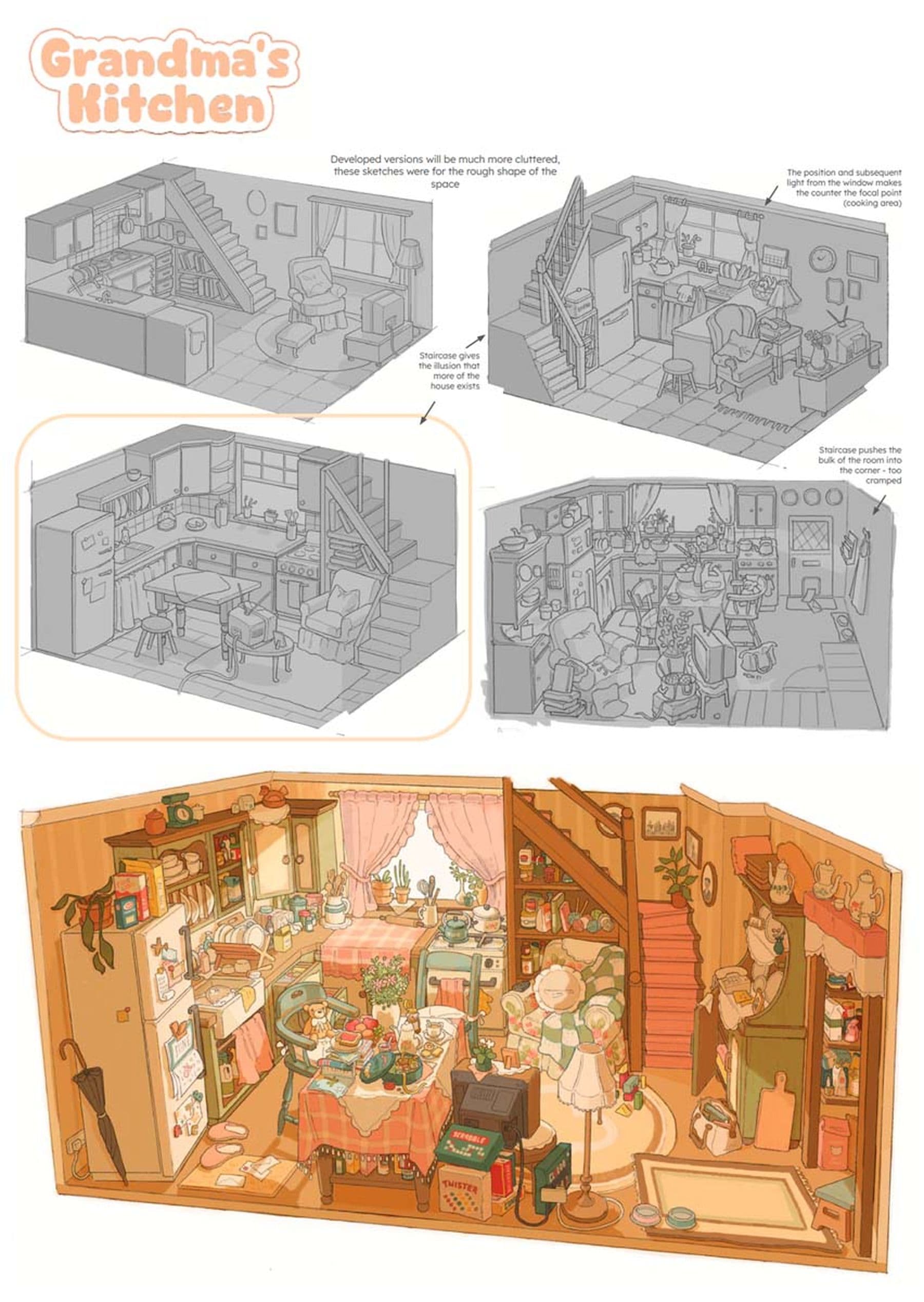 A cozy kitchen illustration with detailed sketches titled 'Grandma's Kitchen'. It features a cluttered, vibrant room, a table with food and a staircase to the side.