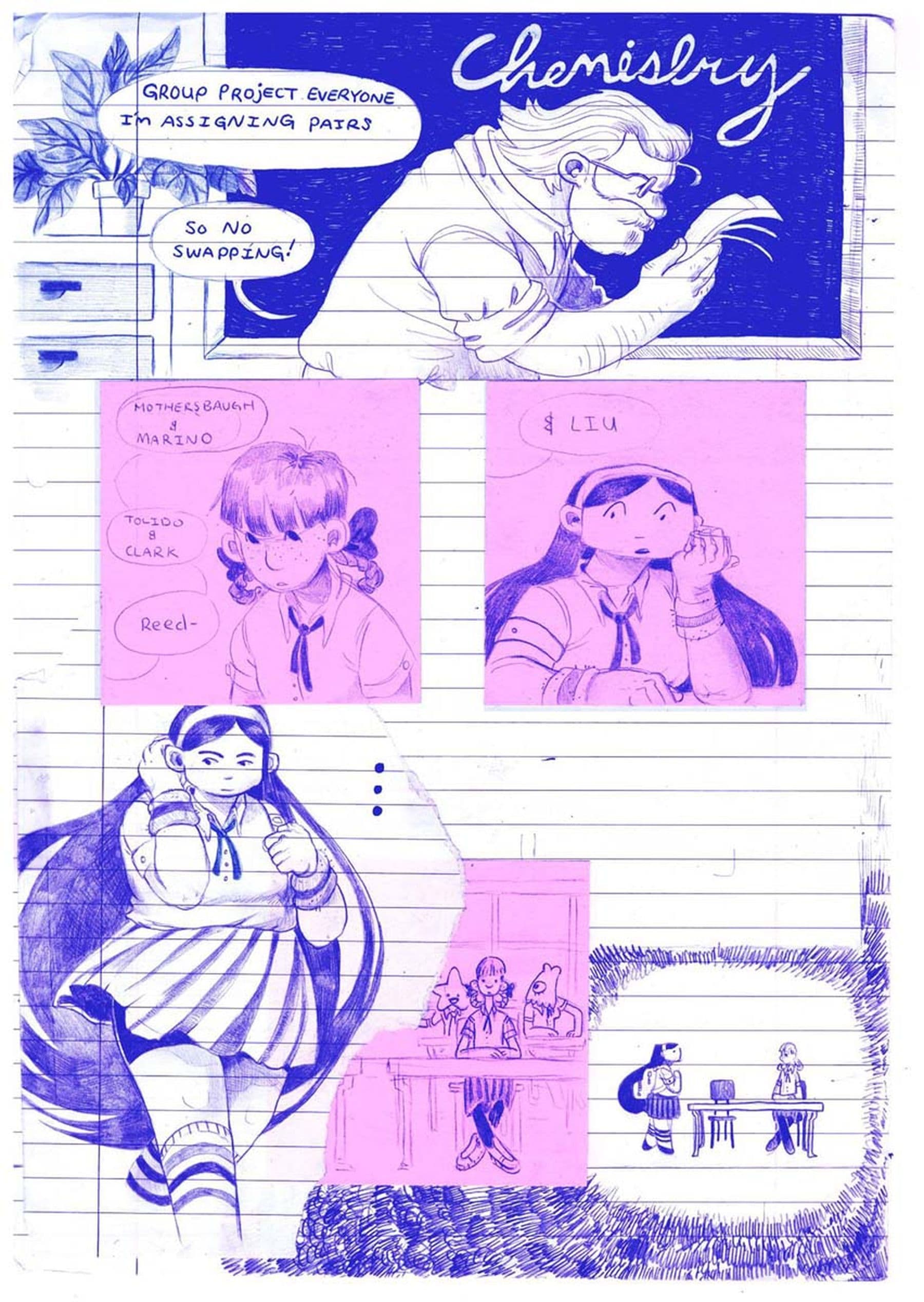 A comic showing a chemistry teacher assigning project partners. A girl looks concerned as she is paired with someone unexpected.