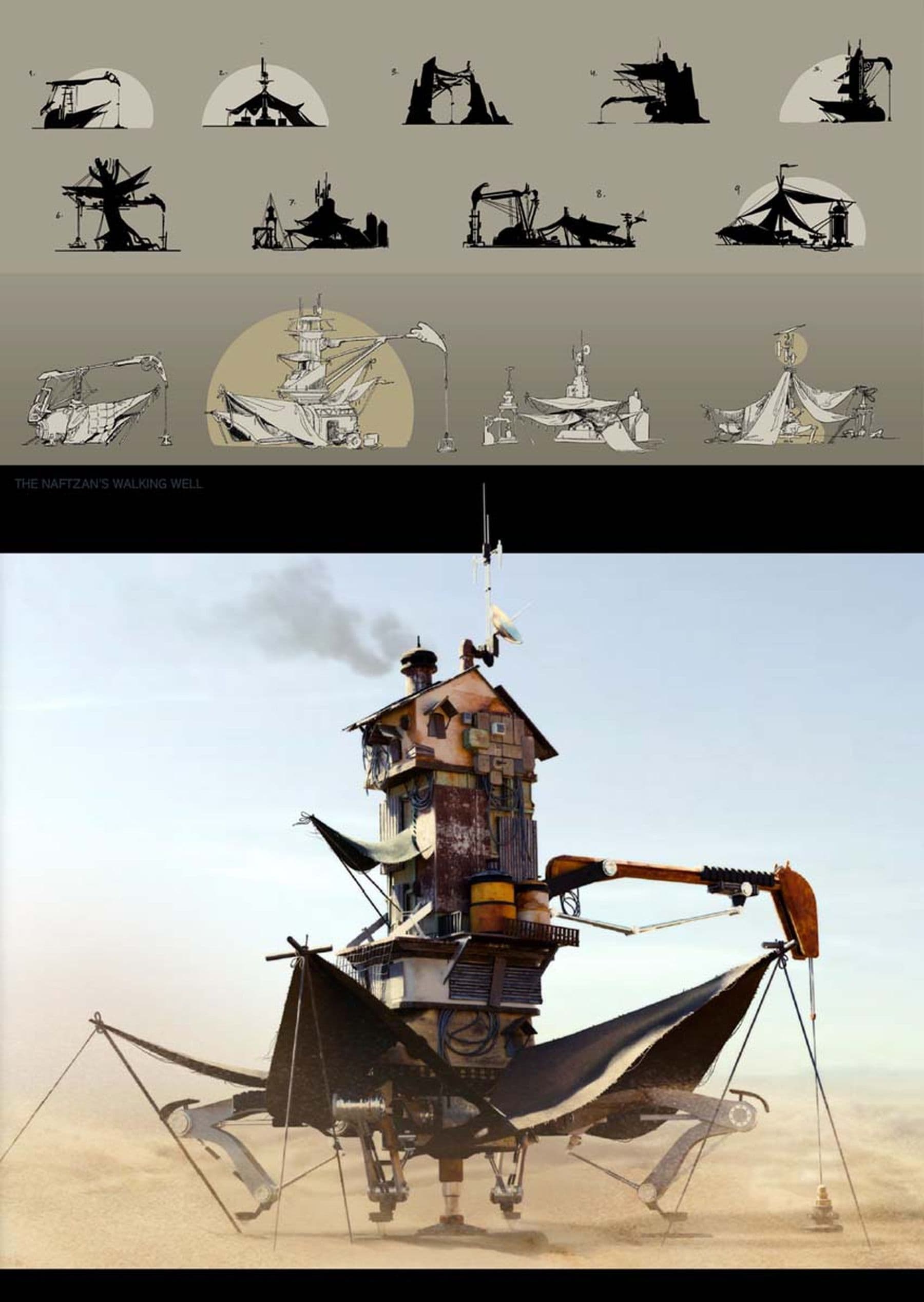 An illustrated design featuring a mechanical structure resembling a house on legs, surrounded by sand and sketches above titled: 'The Nafftzan's Walking Well.'
