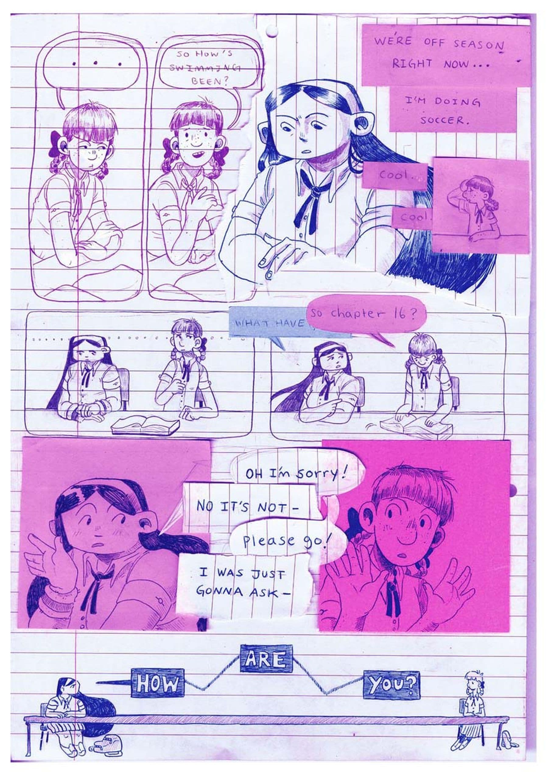 A comic strip showing two characters engaging in a conversation about sports and reading with pink and blue backgrounds.
