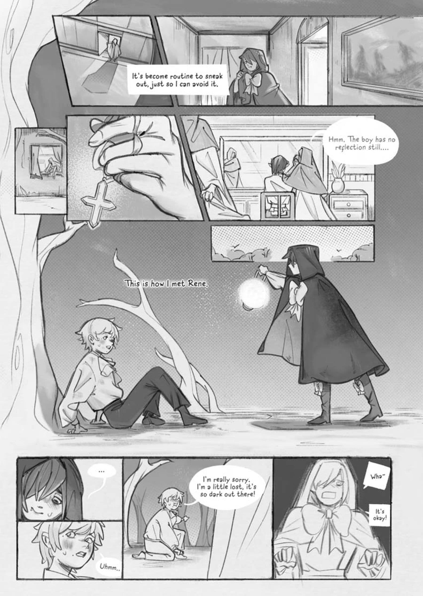 A comic featuring a person sneaking out holding a cross and meeting someone named Rene in a forest who expresses being lost in the dark.