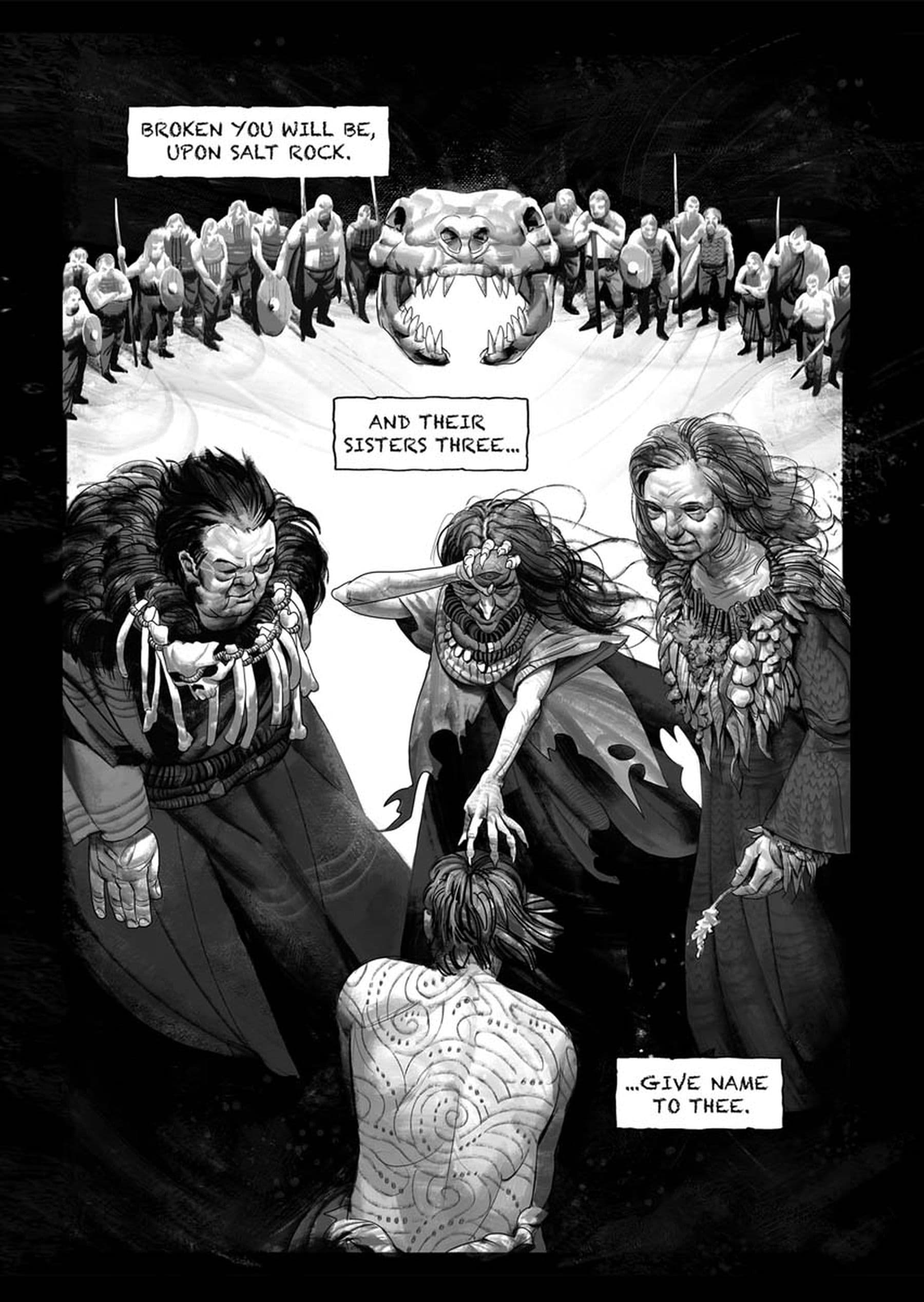 An illustrated design featuring three mystical figures surrounding a tattooed kneeling man with warriors and a skull in the background. Speech bubbles contain cryptic text.