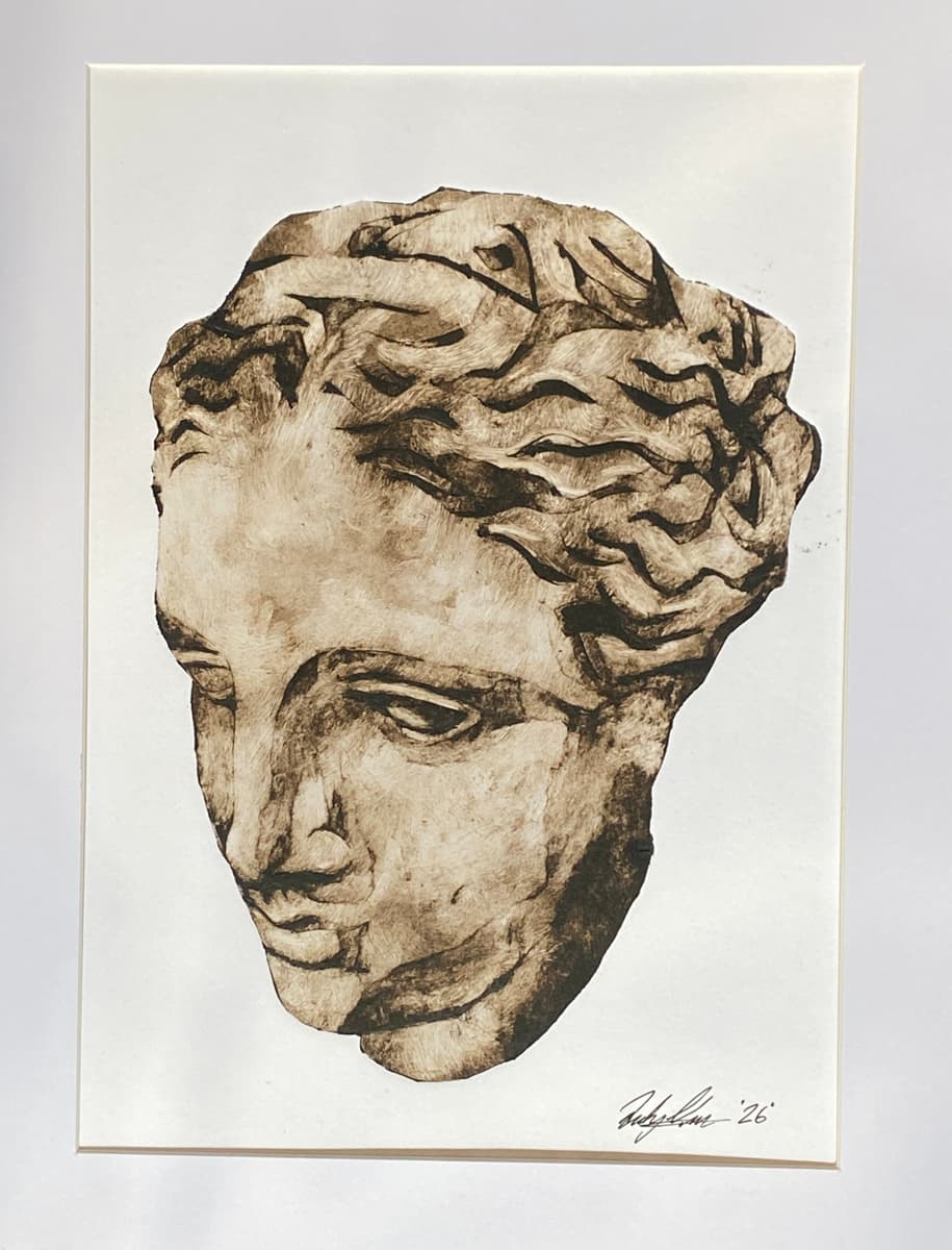 A drawing of an ancient Greek-style sculpture head with wavy hair and calm facial expression.