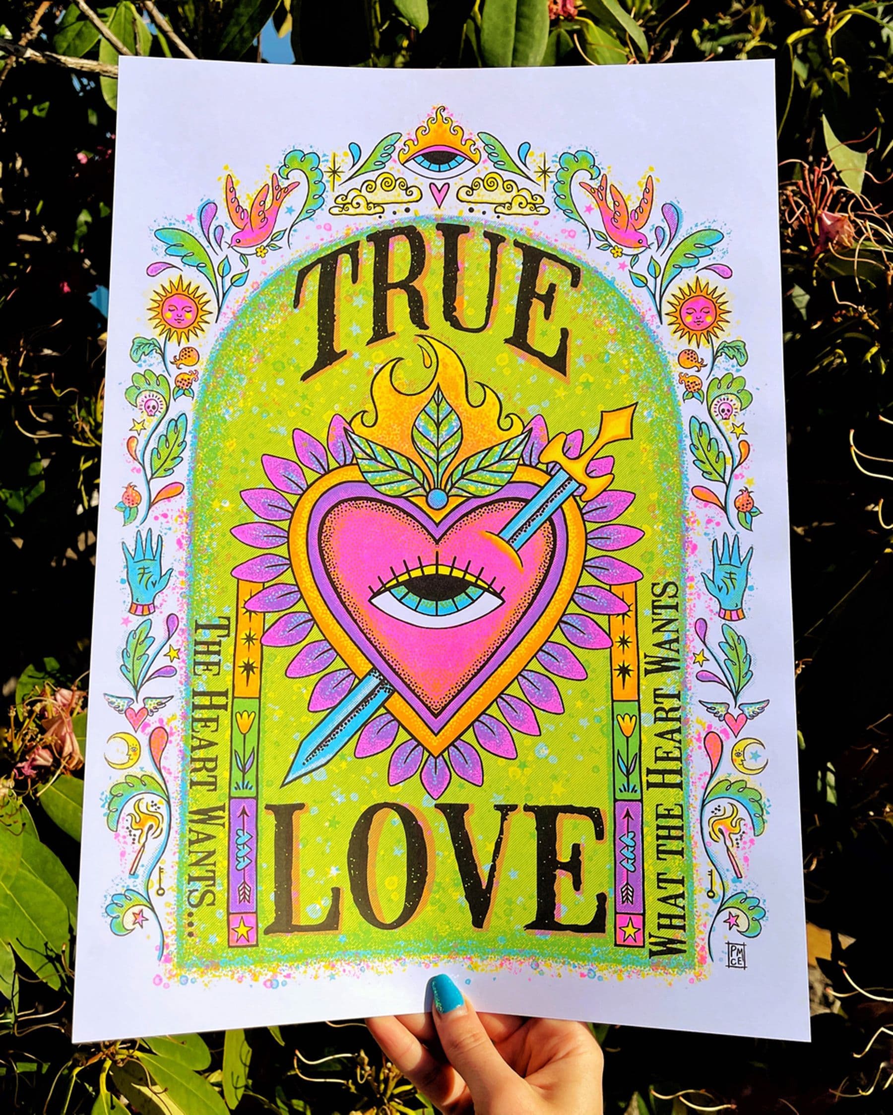 Colorful artwork featuring a heart with an eye, surrounded by floral designs and the words "True Love" on a vibrant green background.